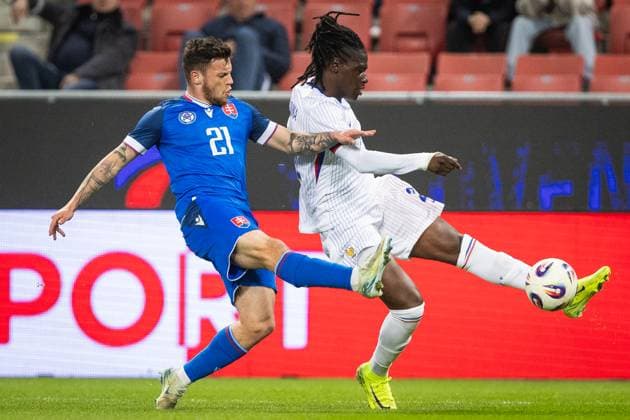 SLOVAKIA U21, U 21 - FRANCE U21 Samuel Kopasek of Slovakia and Loum Tchaouna of France during the friendly international football match ahead of 2025 UEFA European Under-21 Championship between Slovakia U21 and France U21. Trnava, Slovakia, March 24, 2025. Photo by Branislav Racko Copyright: xx 080A8396