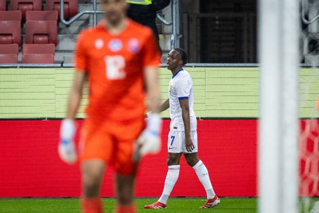SLOVAKIA U21, U 21 - FRANCE U21 Mathys Tel of France cebebrates a goal during the friendly international football match ahead of 2025 UEFA European Under-21 Championship between Slovakia U21 and France U21. Trnava, Slovakia, March 24, 2025. Photo by Branislav Racko Copyright: xx 080A8500