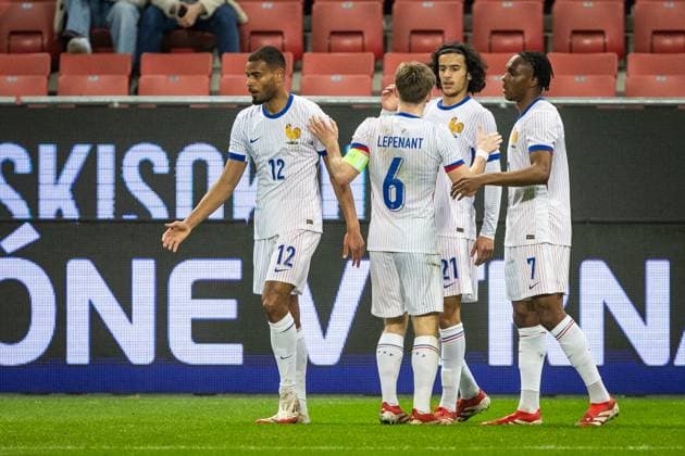SLOVAKIA U21, U 21 - FRANCE U21 Mathys Tel of France cebebrates a goal with Ayyoub Bouaddi, Andy Diouf, Johann Lepenant during the friendly international football match ahead of 2025 UEFA European Under-21 Championship between Slovakia U21 and France U21. Trnava, Slovakia, March 24, 2025. Photo by Branislav Racko Copyright: xx 080A8541