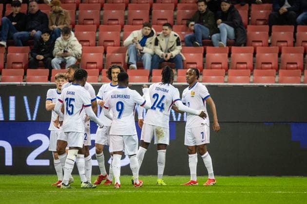 SLOVAKIA U21, U 21 - FRANCE U21 Mathys Tel of France cebebrates a goal with Ayyoub Bouaddi, Andy Diouf, Johann Lepenant during the friendly international football match ahead of 2025 UEFA European Under-21 Championship between Slovakia U21 and France U21. Trnava, Slovakia, March 24, 2025. Photo by Branislav Racko Copyright: xx 080A8565
