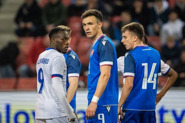 SLOVAKIA U21, U 21 - FRANCE U21 Roman Cerepkai of Slovakia and Arnaud Kalimuendo of France during the friendly international football match ahead of 2025 UEFA European Under-21 Championship between Slovakia U21 and France U21. Trnava, Slovakia, March 24, 2025. Photo by Branislav Racko Copyright: xx 080A8614