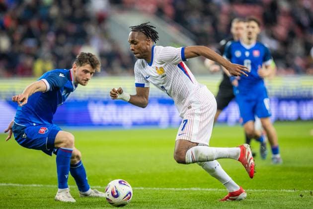 SLOVAKIA U21, U 21 - FRANCE U21 Sebastian Kosa of Slovakia and Mathys Tel of France during the friendly international football match ahead of 2025 UEFA European Under-21 Championship between Slovakia U21 and France U21. Trnava, Slovakia, March 24, 2025. Photo by Branislav Racko Copyright: xx 080A8706