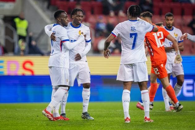 SLOVAKIA U21, U 21 - FRANCE U21 Arnaud Kalimuendo of France celebrates a goal with Dilane Bakwa, Mathys Tel during the friendly international football match ahead of 2025 UEFA European Under-21 Championship between Slovakia U21 and France U21. Trnava, Slovakia, March 24, 2025. Photo by Branislav Racko Copyright: xx 080A8892