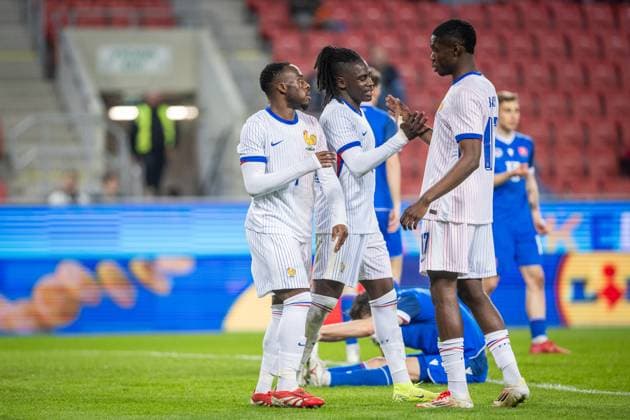 SLOVAKIA U21, U 21 - FRANCE U21 Arnaud Kalimuendo of France celebrates a goal during the friendly international football match ahead of 2025 UEFA European Under-21 Championship between Slovakia U21 and France U21. Trnava, Slovakia, March 24, 2025. Photo by Branislav Racko Copyright: xx 080A8987