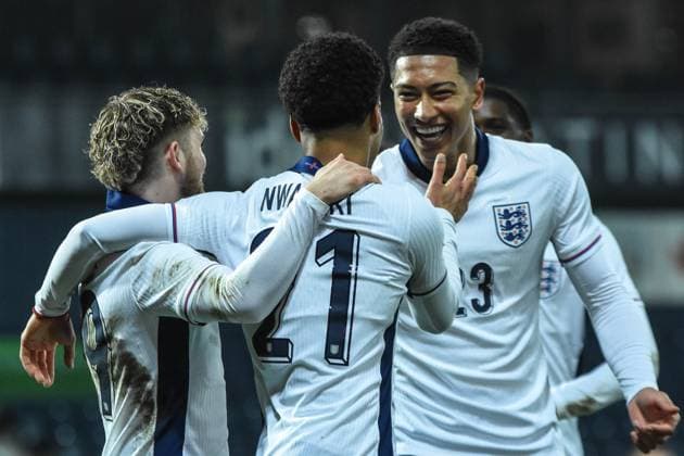 England U21, U 21 v Portugal U21, U21 national team, Nationalteam Friendly, Football, The Hawthorns, Birmingham, UK - 24 March 2025 Ethan Nwaneri of England U21 celebrates with team mates after scoring his sides second goal Birmingham The Hawthorns Birmingham GBR, UK NEWSPAPERS OUT Copyright: xRichardxBowcottx