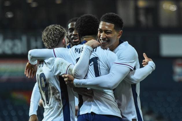 England U21, U 21 v Portugal U21, U21 national team, Nationalteam Friendly, Football, The Hawthorns, Birmingham, UK - 24 March 2025 Ethan Nwaneri of England U21 celebrates with team mates after scoring his sides second goal Birmingham The Hawthorns Birmingham GBR, UK NEWSPAPERS OUT Copyright: xRichardxBowcottx