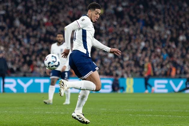 Football; 2026 FIFA World Cup, WM, Weltmeisterschaft, Fussball European Qualifiers; England vs Latvia; Wembley Stadium, Monday 24th March 2025; Jude Bellingham of England shot on goal, flick 24 Mar 2025 UEFA Qualification, 1st Round: Group K, England versus Latvia Editorial use only  Copyright: xIanxStephen Shutterstockx 15220701i