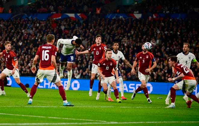 England v Latvia , London, UK - 24 Mar 2025 Headed attempt on goal by Jude Bellingham of England during the FIFA World Cup, WM, Weltmeisterschaft, Fussball Qualifier match between England and Latvia on the 24th March 2025 at Wembley Stadium,, London on 24 Mar 2025 London Wembley Stadium London GBR Copyright: xGeorgexWass PPAUKx PPA-175929