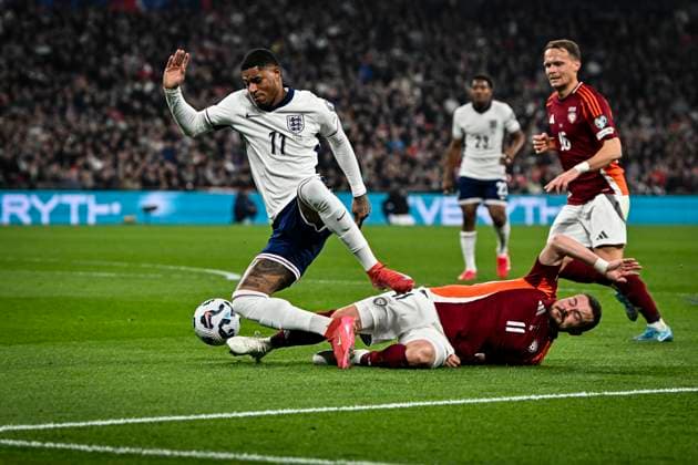 24th March 2025; Wembley Stadium, London, England; FIFA World Cup, WM, Weltmeisterschaft, Fussball Qualifying Group K International Football, England versus Latvia; Emils Birka of Latvia makes a key defensive tackle on Marcus Rashford of England  ActionPlus12766393 GodfreyxPitt