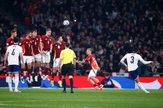 England v Latvia 2026 FIFA World Cup, WM, Weltmeisterschaft, Fussball Qualifiers Reece James of England scores his sides 1st from a free kick during the 2026 FIFA World Cup Qualifiers Group K match at Wembley Stadium, London UK Newspapers OUT Copyright: xPaulxChestertonx FIL-21625-0004