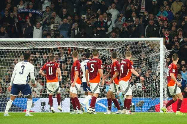 England v Latvia Reece James of England scores direct from a free kick in the 38th minute for 1-0 during the England v Latvia UEFA World Cup Qualifier Group K match at Wembley Stadium, London, England, United Kingdom on 24 March 2025 Credit: Katie Chan Every Second Media Editorial use only. All images are copyright Every Second Media Limited. No images may be reproduced without prior permission. Copyright: xIMAGO EveryxSecondxMediax ESM-1391-0033 KatiexChanx xEveryxSecondxMediax