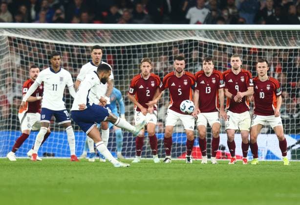 England v Latvia, 2026 World Cup Qualifier, Wembley Stadium, Football, London, UK - 24 Mar 2025 Reece James of England scores England™s first goal during the 2026 World Cup Qualifier at Wembley Stadium against Latvia London Wembley Stadium London GBR, UK NEWSPAPERS OUT Copyright: xMarkxGreenwoodx