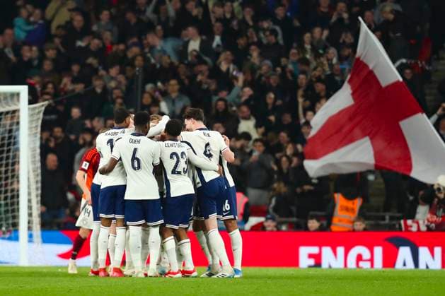 England v Latvia England players celebrate their team goal by Reece James in the 38th minute for 1-0 during the England v Latvia UEFA World Cup Qualifier Group K match at Wembley Stadium, London, England, United Kingdom on 24 March 2025 Credit: Katie Chan Every Second Media Editorial use only. All images are copyright Every Second Media Limited. No images may be reproduced without prior permission. Copyright: xIMAGO EveryxSecondxMediax ESM-1391-0037 KatiexChanx xEveryxSecondxMediax