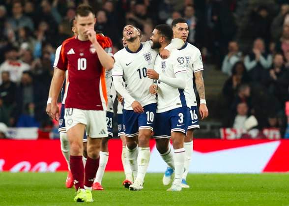 England v Latvia Reece James of England celebrates his goal in the 38th minute for 1-0 with Jude Bellingham during the England v Latvia UEFA World Cup Qualifier Group K match at Wembley Stadium, London, England, United Kingdom on 24 March 2025 Credit: Katie Chan Every Second Media Editorial use only. All images are copyright Every Second Media Limited. No images may be reproduced without prior permission. Copyright: xIMAGO EveryxSecondxMediax ESM-1391-0040 KatiexChanx xEveryxSecondxMediax