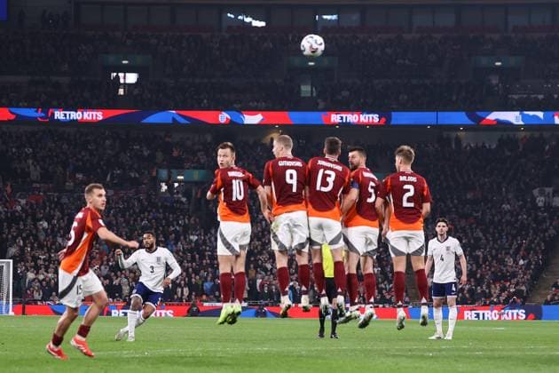 England v Latvia 24 March 2025, London - World Cup European Qualifiers - England v Latvia - Reece James of England scores their first goal from a free kick - Photo: Jacques Feeney Offside. London UK Copyright: xJacquesxFeeneyx xOffsidexOffside
