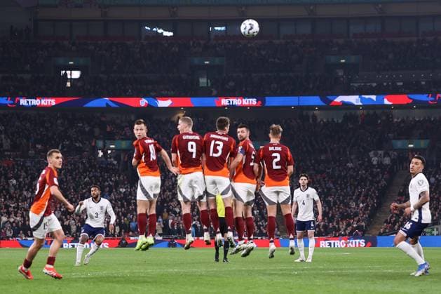 England v Latvia 24 March 2025, London - World Cup European Qualifiers - England v Latvia - Reece James of England scores their first goal from a free kick - Photo: Jacques Feeney Offside. London UK Copyright: xJacquesxFeeneyx xOffsidexOffside