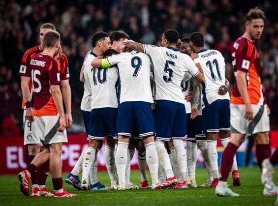 24th March 2025; Wembley Stadium, London, England; FIFA World Cup, WM, Weltmeisterschaft, Fussball Qualifying Group K International Football, England versus Latvia; Reece James of England celebrates with his team mates after scoring in the 38th minute for 1-0  ActionPlus12766397 GodfreyxPitt