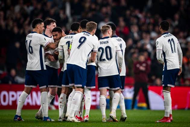 24th March 2025; Wembley Stadium, London, England; FIFA World Cup, WM, Weltmeisterschaft, Fussball Qualifying Group K International Football, England versus Latvia; Reece James of England celebrates with his team mates after scoring in the 38th minute for 1-0  ActionPlus12766398 GodfreyxPitt