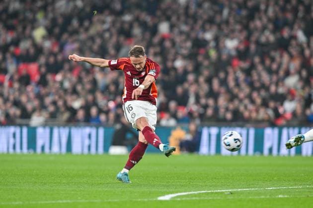 Andrejs Jaunzems of Latvia shoots during the FIFA World Cup, WM, Weltmeisterschaft, Fussball 2026 Qualifier match between England and Latvia at Wembley Stadium, London, England on 24 March 2025. Copyright: xPhilxHutchinsonx 42830012