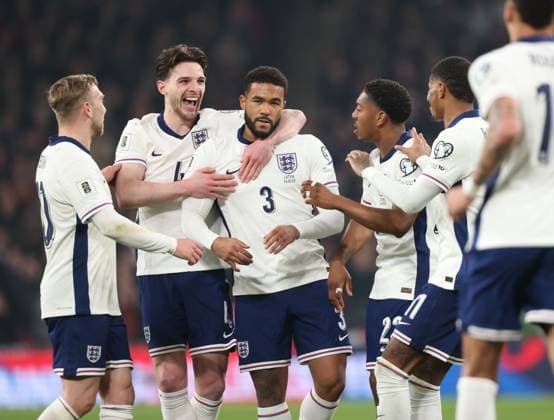 Reece James (E) celebrates scoring the first England goal (1-0) at the FIFA World Cup, WM, Weltmeisterschaft, Fussball Qualifier, England v Latvia, at Wembley Stadium, London, UK on 24th March, 2025. 