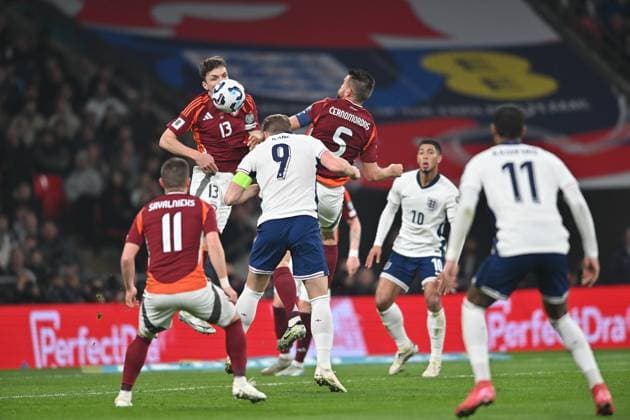 England v Latvia - European Qualifiers Group K - FIFA World Cup, WM, Weltmeisterschaft, Fussball 2026 Harry Kane (9 England) is challenged by Raivis Jurkovskis (13 Latvia) and Antonijis Cernomordijs (5 Latvia) during the FIFA World Cup 2026 Group K Qualifying match between England and Latvia at Wembley Stadium in London, England, on March 24, 2025. London Greater London United Kingdom  Copyright: xMIxNewsx originalFilename:fletcher-englandv250324_npVi1.jpg