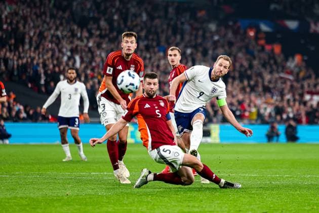 England v Latvia 2026 FIFA World Cup, WM, Weltmeisterschaft, Fussball Qualifier 24 03 2025. Harry Kane of England shoots towards the goal during the 2026 FIFA World Cup Qualifier match between England and Latvia at Wembley Stadium, London, England on 24 March 2025. Editorial use only , Copyright: xNigelxKeenex PSI-21665-0027