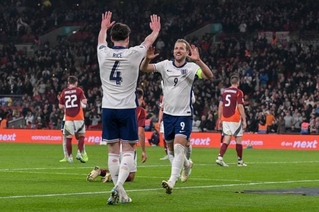 Harry Kane of England scores Englan™s second goal in the second half during the FIFA World Cup, WM, Weltmeisterschaft, Fussball 2026 Qualifier match between England and Latvia at Wembley Stadium, London, England on 24 March 2025. Copyright: xPhilxHutchinsonx 42830017