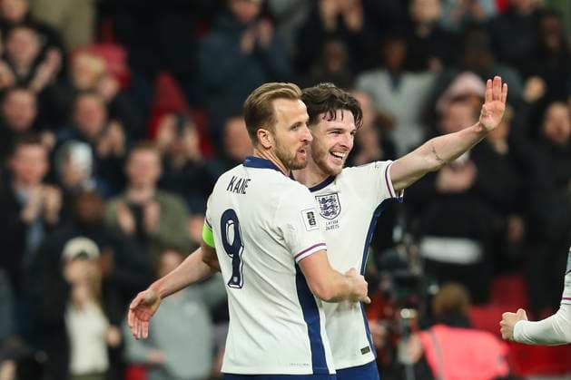 England v Latvia Harry Kane of England celebrates his goal in the 68th minute for 2-0 with Declan Rice during the England v Latvia UEFA World Cup Qualifier Group K match at Wembley Stadium, London, England, United Kingdom on 24 March 2025 Credit: Katie Chan Every Second Media Editorial use only. All images are copyright Every Second Media Limited. No images may be reproduced without prior permission. Copyright: xIMAGO EveryxSecondxMediax ESM-1391-0043 KatiexChanx xEveryxSecondxMediax