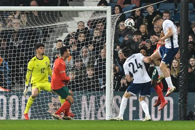 England U21, U 21 v Portugal U21, U21 national team, Nationalteam Friendly, Football, The Hawthorns, Birmingham, UK - 24 March 2025 Liam Delap of England U21 headed effort on goal Birmingham The Hawthorns Birmingham GBR, UK NEWSPAPERS OUT Copyright: xRichardxBowcottx
