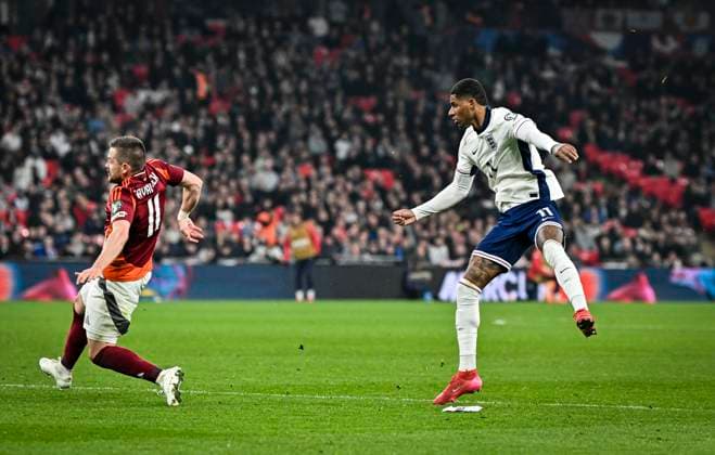 24th March 2025; Wembley Stadium, London, England; FIFA World Cup, WM, Weltmeisterschaft, Fussball Qualifying Group K International Football, England versus Latvia; Marcus Rashford of England watches his shot saved  ActionPlus12766421 GodfreyxPitt
