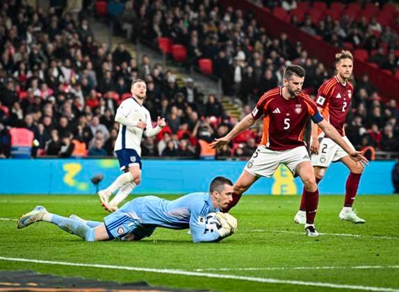 24th March 2025; Wembley Stadium, London, England; FIFA World Cup, WM, Weltmeisterschaft, Fussball Qualifying Group K International Football, England versus Latvia; Krisjanis Zviedris of Latvia makes a save from Marcus Rashford of England  ActionPlus12766422 GodfreyxPitt