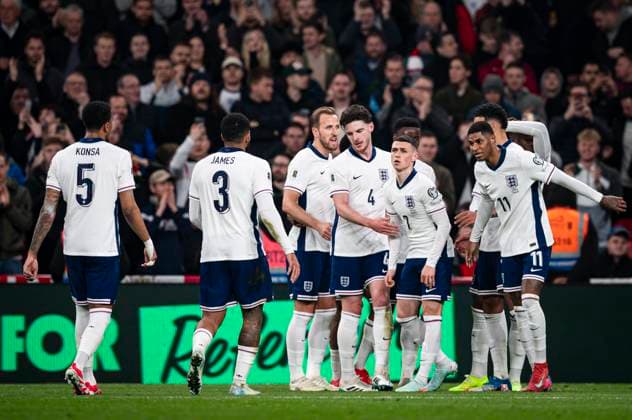 24th March 2025; Wembley Stadium, London, England; FIFA World Cup, WM, Weltmeisterschaft, Fussball Qualifying Group K International Football, England versus Latvia; Eberechi Eze of England celebrates with his team after scoring in the 75th minute for 3-0  ActionPlus12766443 GodfreyxPitt