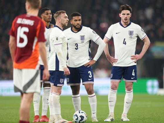 Marcus Rashford (E) Jarrod Bowen (E) Reece James (E) and Declan Rice (E) before Reece James (E) scored the first England goal (1-0) at the FIFA World Cup, WM, Weltmeisterschaft, Fussball Qualifier, England v Latvia, at Wembley Stadium, London, UK on 24th March, 2025. 