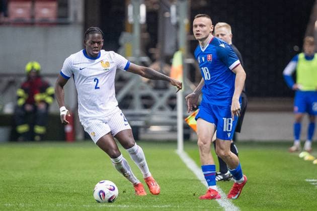SLOVAKIA U21, U 21 - FRANCE U21 Nino Marcelli of Slovakia and Castello Lukeba of France during the friendly international football match ahead of 2025 UEFA European Under-21 Championship between Slovakia U21 and France U21. Trnava, Slovakia, March 24, 2025. Photo by Branislav Racko Copyright: xx 080A8735