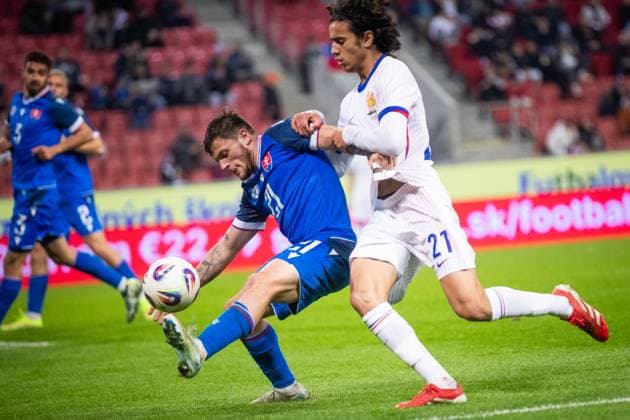 SLOVAKIA U21, U 21 - FRANCE U21 Samuel Kopasek of Slovakia and Ayyoub Bouaddi of France during the friendly international football match ahead of 2025 UEFA European Under-21 Championship between Slovakia U21 and France U21. Trnava, Slovakia, March 24, 2025. Photo by Branislav Racko Copyright: xx _BRR6634