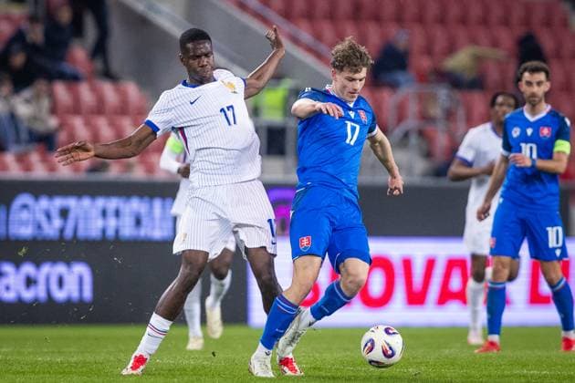 SLOVAKIA U21, U 21 - FRANCE U21 Vincent Chyla of Slovakia and Thierno Barry of France during the friendly international football match ahead of 2025 UEFA European Under-21 Championship between Slovakia U21 and France U21. Trnava, Slovakia, March 24, 2025. Photo by Branislav Racko Copyright: xx 080A9171