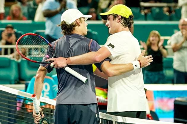 March 24, 2025, Miami, Florida, USA: Alex deMinaur (AUS) shakes hands with Joao Fonseca (BRA) after the men s singles third round match at the 2025 Miami Open presented by Itau at Hard Rock Stadium. Miami USA - ZUMAw109 20250324_fap_w109_077 Copyright: xDebbyxWongx