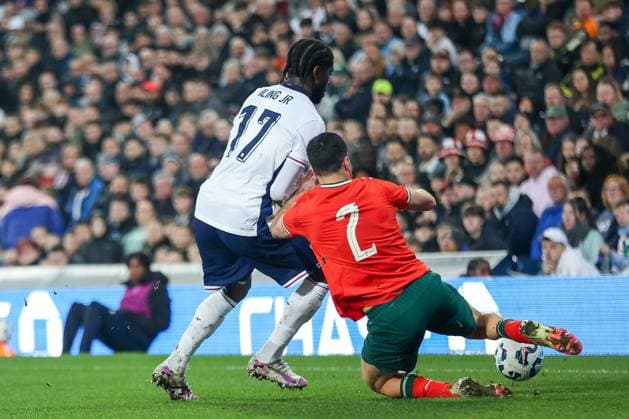 England v Portugal - Men s U21, U 21 International Rodrigo Pinheiro of Portugal U21s tackles Sam Iling-Junior of England U21s during the Under 21 International Friendly, Länderspiel, Nationalmannschaft match between England and Portugal at The Hawthorns in West Bromwich, England, on March 24, 2025. West Bromwich West Midlands United Kingdom  Copyright: xMIxNewsx originalFilename:fletcher-englandu250324_npDIy.jpg