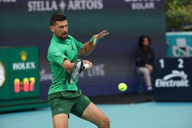 March 25, 2025, Miami Gardens, Florida, United States Of America: MIAMI GARDENS, FLORIDA - MARCH 25: Novak Djokovic of Serbia defeats Lorenzo Musetti of Italy in the fourth round of the men s singles during Day 8 of the Miami Open at Hard Rock Stadium on March 25, 2025 in Miami Gardens, Florida....People: Novak Djokovic Miami Gardens United States Of America - ZUMAs214 20250325_ada_s214_104 Copyright: xSMGx