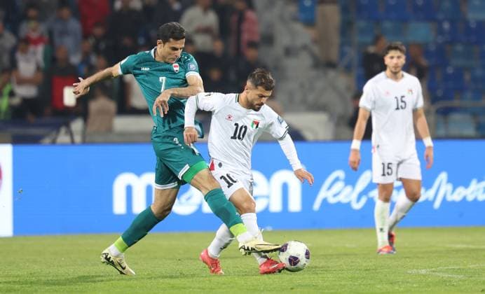 Palestine v Iraq - AFC Asian Qualifiers 2026 Mahmoud Abuwarda (10) of Palestine and Ali Yousef (7) of Iraq compete during the 2026 FIFA World Cup, WM, Weltmeisterschaft, Fussball qualifying match between Palestine and Iraq at the Amman International Stadium in Amman, Jordan, on March 25, 2025. AMMAN Jordan  Copyright: xAmeenxAhmedx originalFilename:alameen-notitle250325_np0Eg.jpg