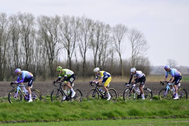 Dutch Hartthijs De Vries of Unibet Tietema Rockets, Belgian Michiel Lambrecht of Wagner Bazin WB, Belgian Victor Vercouillie of Team Flanders Baloise, Portuguese Antonio Morgado of UAE Team Emirates and Dutch Joren Bloem of Unibet Tietema Rockets pictured in action during the Classic Brugge-De Panne men s elite one-day cycling race, 195,6 km from Brugge to De Panne, Wednesday 26 March 2025. DIRKxWAEM  x115849516x