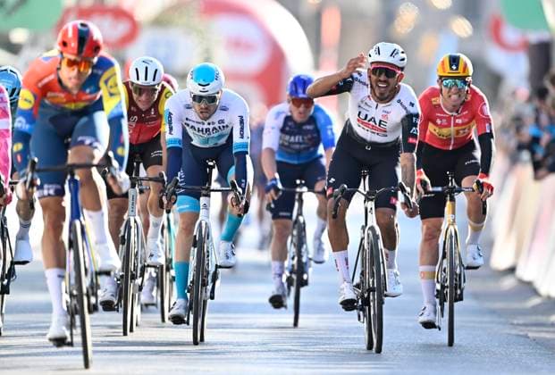 Classic Brugge De Panne 2025 cycling race DE PANNE, BELGIUM - MARCH 26 : Molano Juan Sebastian (COL) of UAE Team Emirates - XRG wins, Milan Jonathan (ITA) of Lidl - Trek, Mihkels Madis (EST) of EF Education - EasyPost during the Men Elite UCI World Tour 49th Classic Brugge De Panne cycling race with start in Brugge and finish in De Panne (195,6 km) on March 26, 2025 in De Panne, Belgium, 26 03 2025 ( Motordriver Kenny Verfaillie & De Panne Belgium  Copyright: xJanxDexMeuleneirx