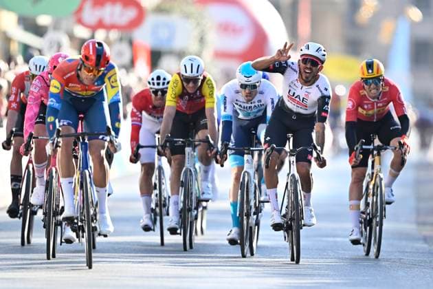 Classic Brugge De Panne 2025 cycling race DE PANNE, BELGIUM - MARCH 26 : Molano Juan Sebastian (COL) of UAE Team Emirates - XRG wins, Milan Jonathan (ITA) of Lidl - Trek, Mihkels Madis (EST) of EF Education - EasyPost during the Men Elite UCI World Tour 49th Classic Brugge De Panne cycling race with start in Brugge and finish in De Panne (195,6 km) on March 26, 2025 in De Panne, Belgium, 26 03 2025 ( Motordriver Kenny Verfaillie & De Panne Belgium  Copyright: xJanxDexMeuleneirx
