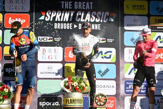 Classic Brugge De Panne 2025 cycling race DE PANNE, BELGIUM - MARCH 26 : Milan Jonathan (ITA) of Lidl - Trek, Molano Juan Sebastian (COL) of UAE Team Emirates - XRG and Mihkels Madis (EST) of EF Education - EasyPost pictured during the podium ceremony of the Men Elite UCI World Tour 49th Classic Brugge De Panne cycling race with start in Brugge and finish in De Panne (195,6 km) on March 26, 2025 in De Panne, Belgium, 26 03 2025 ( Motordriver Kenny Verfaillie & De Panne Belgium  Copyright: xNicoxVereeckenx