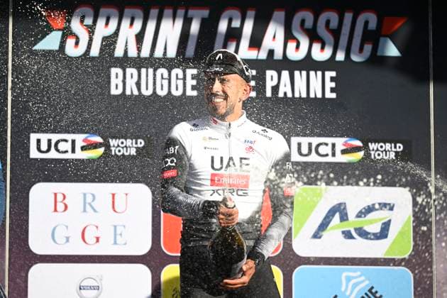 Classic Brugge De Panne 2025 cycling race DE PANNE, BELGIUM - MARCH 26 : Molano Juan Sebastian (COL) of UAE Team Emirates - XRG pictured during the podium ceremony of the Men Elite UCI World Tour 49th Classic Brugge De Panne cycling race with start in Brugge and finish in De Panne (195,6 km) on March 26, 2025 in De Panne, Belgium, 26 03 2025 ( Motordriver Kenny Verfaillie & De Panne Belgium  Copyright: xNicoxVereeckenx