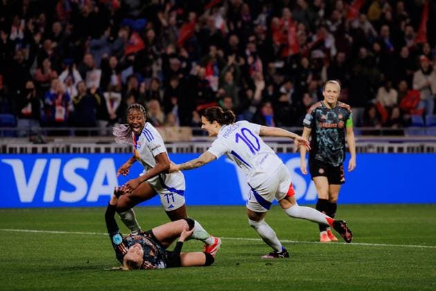 Sport Bilder des Tages Lyon, France Kadidiatou Diani (11 Olympique Lyonnais) celebrates after scoring during the UEFA Womens Champions League quarter-final game between Olympique Lyonnais and Bayern Munich at Groupama Stadium in Lyon, France. (Pauline Figuet SPP) Copyright: xPaulinexFiguetx xSPPx spp-en-PaFiSp-PF_OLFCB2719
