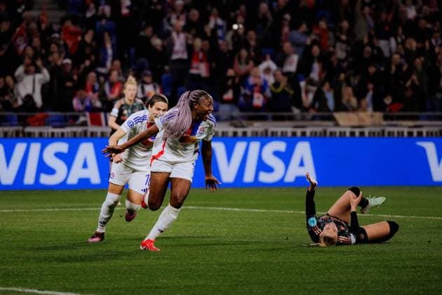 Lyon, France Kadidiatou Diani (11 Olympique Lyonnais) celebrates after scoring during the UEFA Womens Champions League quarter-final game between Olympique Lyonnais and Bayern Munich at Groupama Stadium in Lyon, France. (Pauline Figuet SPP) Copyright: xPaulinexFiguetx xSPPx spp-en-PaFiSp-PF_OLFCB2722