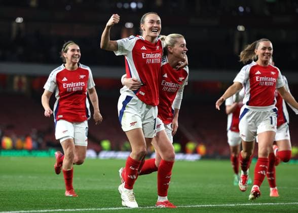 London, England, 26th March 2025. Alessia Russo (C) of Arsenal celebrates after scoring to make it 3-0 during the UEFA Womens Champions League match at the Emirates Stadium, London. Picture credit should read: Paul Terry Sportimage EDITORIAL USE ONLY. No use with unauthorised audio, video, data, fixture lists, club league logos or live services. Online in-match use limited to 120 images, no video emulation. No use in betting, games or single club league player publications. SPI_043_PT_Arsenal_w_Real_Madrid_w SPI-3768-0042