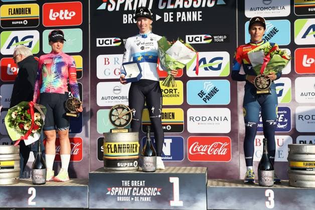 Italian Chiara Consonni of Canyon SRAM zondacrypto, Dutch Lorena Wiebes of SD Worx-Protime and Italian Elisa Balsamo of Lidl-Trek celebrate on the podium of the Classic Brugge-De Panne women s elite one-day cycling race, 152,7 km from Brugge to De Panne, Thursday 27 March 2025. KURTxDESPLENTER  x116239381x