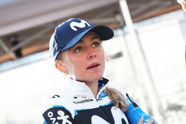 British Cat Ferguson of Movistar Team, winner of the combativity award, pictured after the Classic Brugge-De Panne women s elite one-day cycling race, 152,7 km from Brugge to De Panne, Thursday 27 March 2025. KURTxDESPLENTER  x116242328x